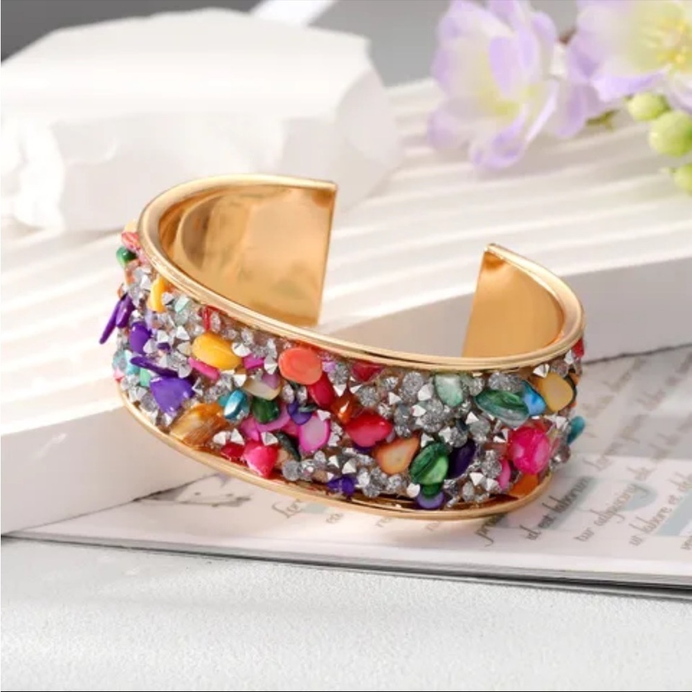Natural Stone Women’s Gold Bangle Bracelet White Brown Multi Colored